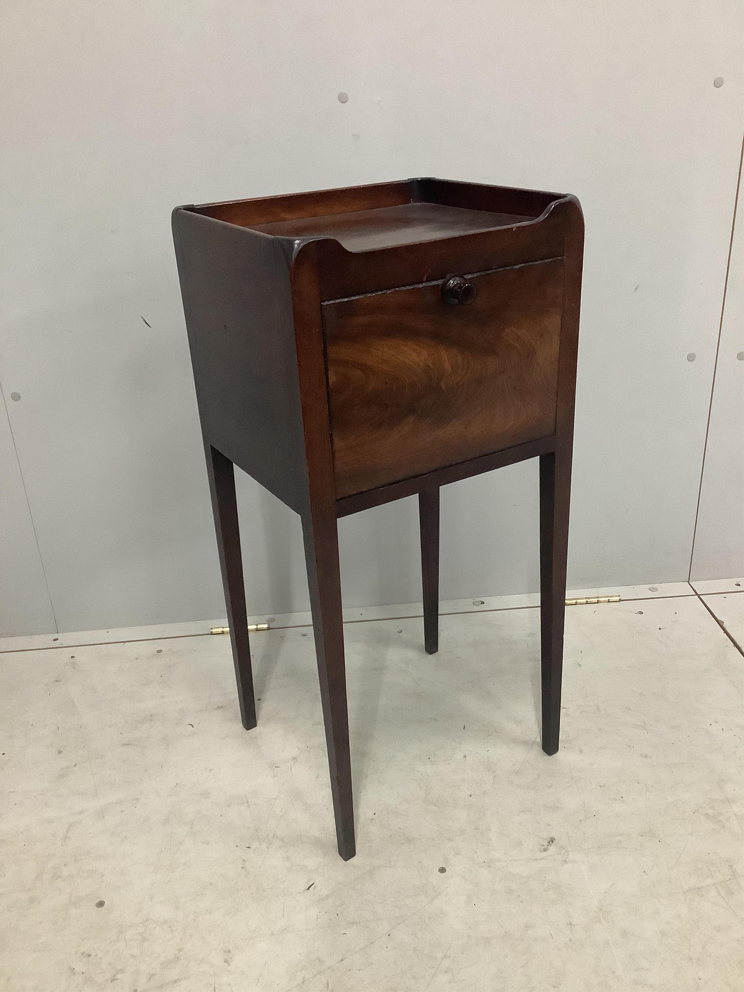 A George III mahogany tray topped bedside cabinet, width 38cm, depth 33cm, height 80cm. Condition - poor to fair